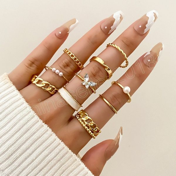 

fashion resin chain ring set for women lady trendy gold color metal pearl butterfly opening finger rings wedding jewelry, Silver