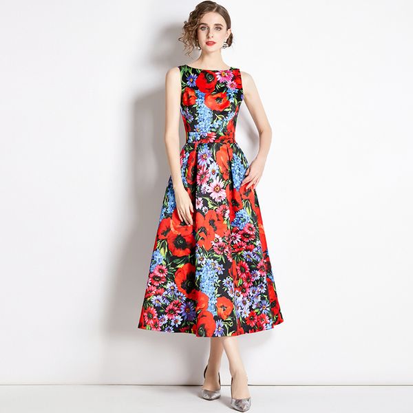 

new fashion floral printing dresses women o-neck sleeveless elegant princess expansion vestidos party vacation waist-closing sliming dress, Black;gray