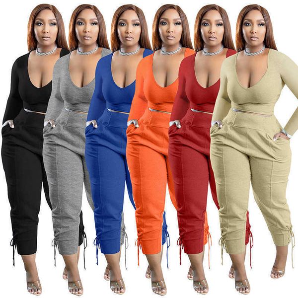 

autumn women's fashion v-neck solid color tie pants casual two piece suit, White