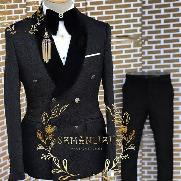 

2023 luxury black jacquard men suit slim fit double breasted wedding suits for men formal prom groom tuxedo 2 pieces blazer pant, Black;gray