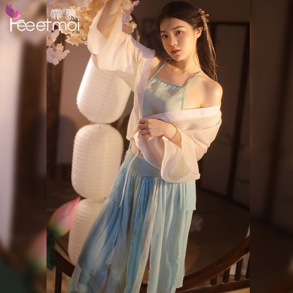 

yarn chinese retro style han dynasty national costume lingerie bellyband outer blouse long skirt cosplay erotic underwear set, Black;white