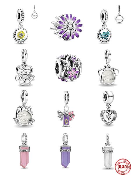 

925 silver fit pandora charm 925 bracelet new european my pet dog cat forget me not flower charms set pendant diy fine beads jewel4562219, Bronze;silver
