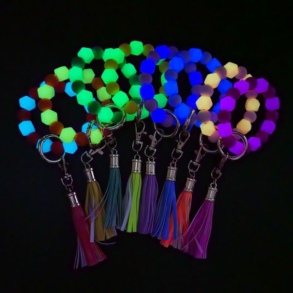 

jewelry glow silicone beaded tassel keychain lobster clasp pendant keyring bracelet glowing keychain for women girls, Red;brown