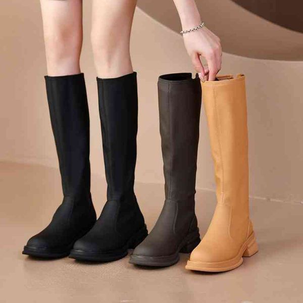 

boots dress shoes 2023 new autumn winter knee length leather knight women's bottomed zipper ytmtloy botines de mujer square heel rubber, Black