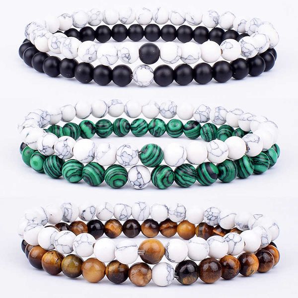 

fashion distance couples bracelets set white turquoises natural lava stone tiger eye beaded yoga bracelets for men women jewelry, Black
