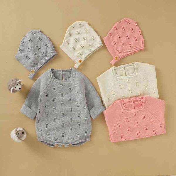

rompers autumn winter baby girls boys knitted romper hats cotton warm long sleeves baby rompers newborn jumpsuit clothing j220922, Blue