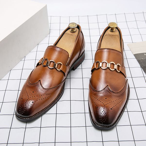 

Brogue Loafer Men Shoes Solid Color PU Stitching Carved Pointed Metal Buckle Business Casual Wedding Party Daily AD210, Clear