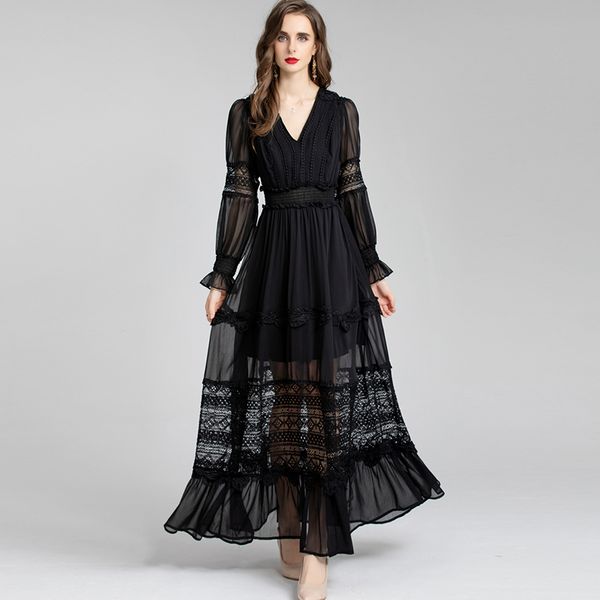 

women's runway dresses v neck long lantern sleeves hollow out embroidery patchwork elegant party prom gown, Black