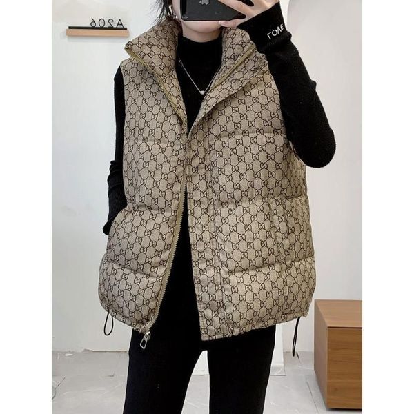 

winter women's vest stand collar zipper sleeveless padded puff printed letters jacket overcoat black brown color loose drawstring waist, Black;white