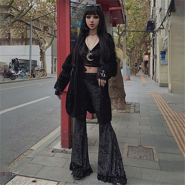 

women's pants capris fashion patchwork lace solid flare pants women gothic dark high waist loose trousers street suede pants 220923, Black;white
