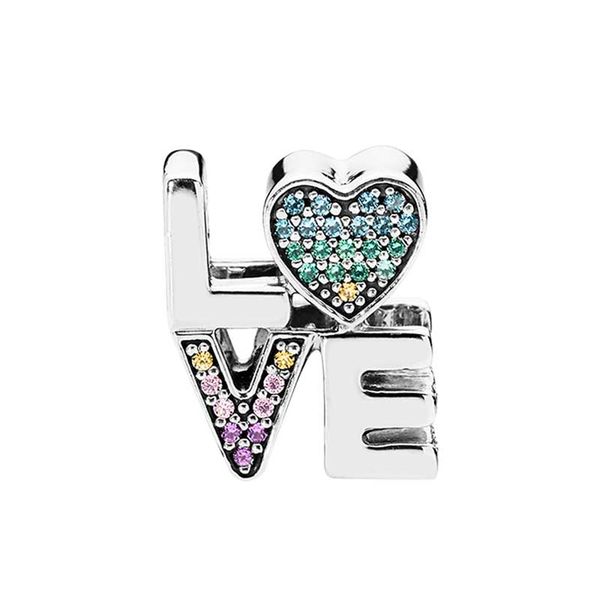 

925 sterling silver rainbow pave love charm european beads with original box for pandora snake chain bracelet bangle diy jewelry making lett, Bronze;silver