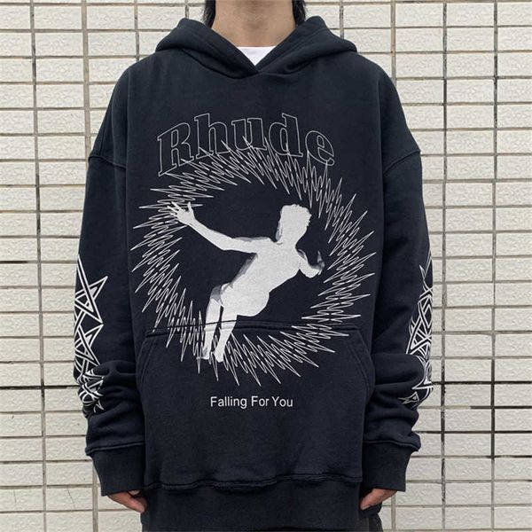 

mens and womens hoodie rhudessweatshirt autumn designer hoodies pullover sweatshirts falling child portrait high washed old hoodie loose, Black