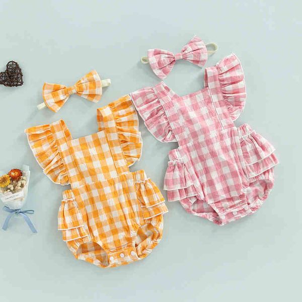 

rompers baby girl bodysuit headband outfits short sleeve plaid print jumpsuits for newborns outfit sunsuit summer girl bodysuit j220922, Blue