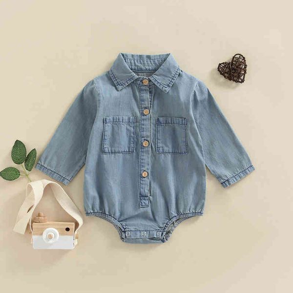 

rompers baby boy girl long sleeve romper turndown collar solid color buttondown bags denim jumpsuit baby spring autumn clothes j220922, Blue