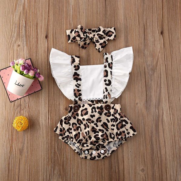 

rompers baby girls leopard print jumpsuit set summer girl backless flying sleeves square collar romper bow headband j220922, Blue