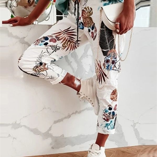 

women's pants capris bohemian fashion elastic waist sport trousers spring summer floral print drawstring laceup long pants fall sweatpa, Black;white