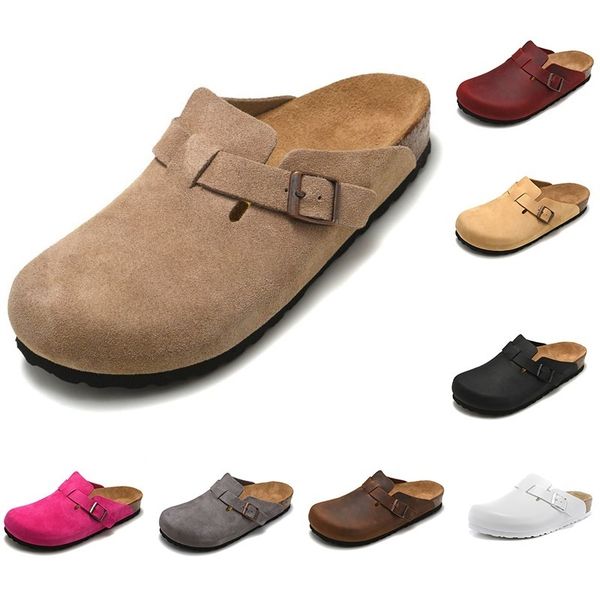 

boston sandals for men women leather woody buckle strap designer slides soft brown closed toe flat cork cow suede mules slippers outdoor hom, Black