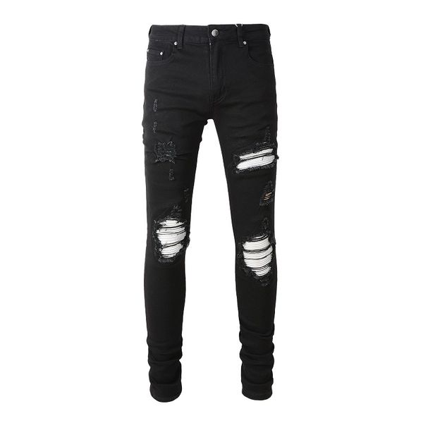 

men's jeans high street ripped patch stretch slim black jeans, Blue