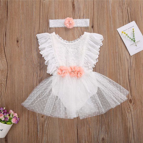 

rompers 2020 summer new newborn baby girl clothes sleeveless lace flower cotton romper jumpsuits headband 2 piece sets j220922, Blue