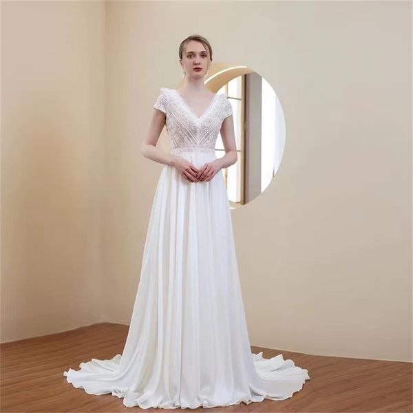 

new wedding dress v-neck short-sleeved small trailing lace light ld8027, White