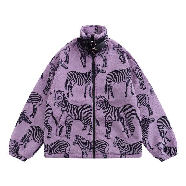 

men winter parkas jacket streetwear hip hop zebra print fluffy fuzzy thicken warm coat 2022 autumn fashion harajuku casual loose, Black;brown