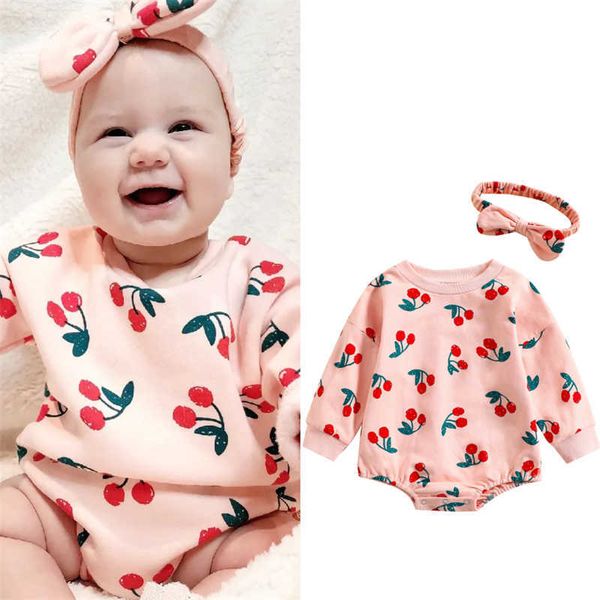 

rompers baby girl headband jumpsuit long sleeve baby romper and autumn baby girls newborn clothes cherry print outfits j220922, Blue