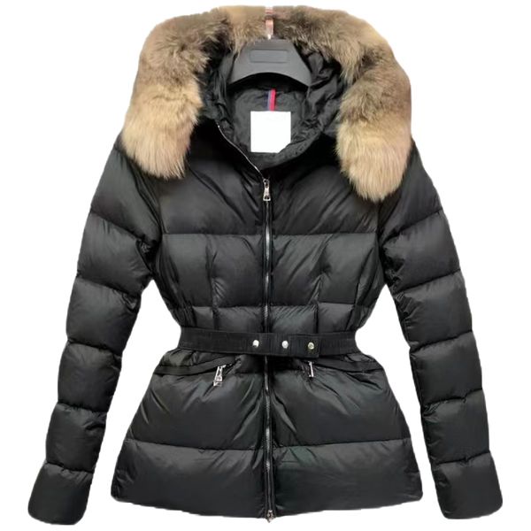 

designer womens down parkas fashion classic fox fur collar detachable waist fit slim fit short embroidered badge thermal jacket, Black