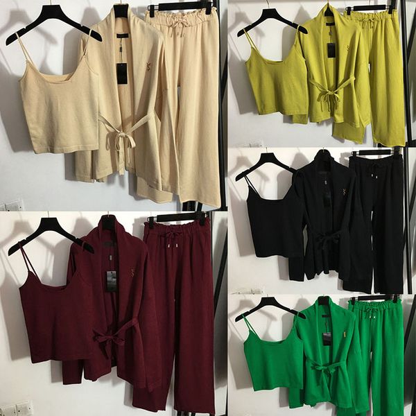 

brands womens knits sling vest cardigan trousers 3pcs sets fashion casual ladies knitted sweaters tanks with metal letter, White