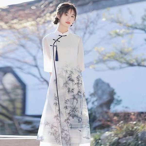 

women's costume hanfu daily han elements summer large-sleeved cheongsam slimming improved young chinese style disc button dressss, Black;red