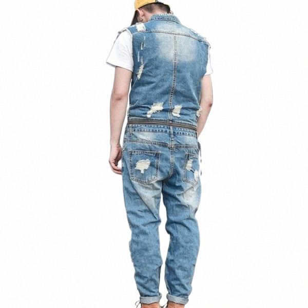 

mens personality removable zipper waist jumpsuit hole ripped jeans sleeveless romper washed denim overalls pants trousers 2xl men's f5c, Blue