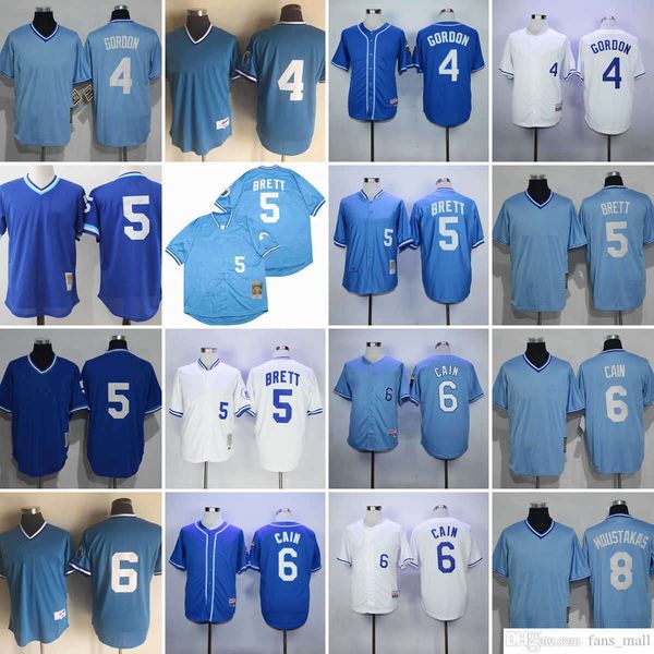 

vintage college mitchell and ness baseball 5 george brett jerseys stitched 6 lorenzo cain 4 alex gordon 8 mike moustakas blue 1985 white 198, Black