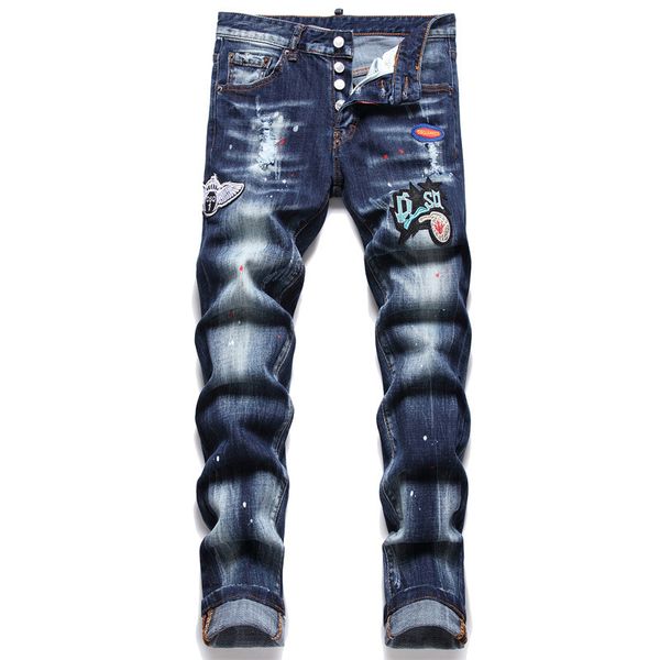 

new jeans pantalon pant wing badges painted high-end mens jean casual trousers denim pants letter hip hop slim fit motorcycle bikers for man, Blue