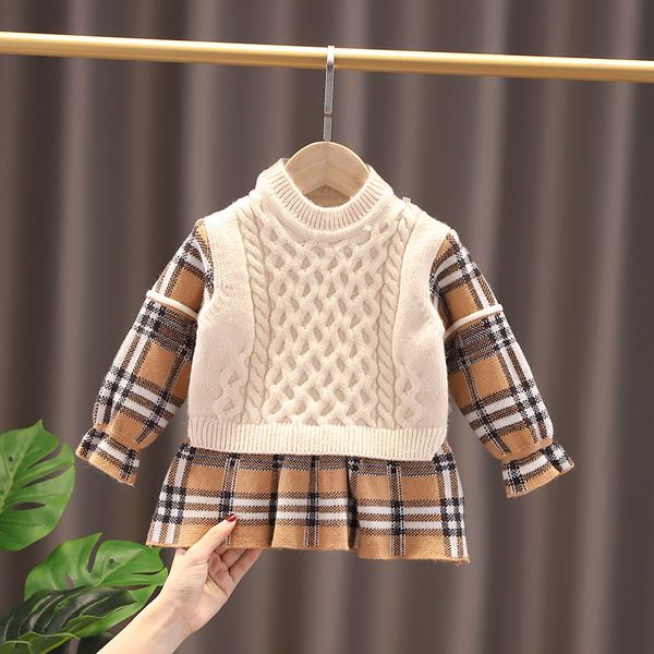 

girls sweater knit dress 2022 autumn and winter new fashion korean thickened plaid stitching twist fake two-piece knitted dress, Red;yellow
