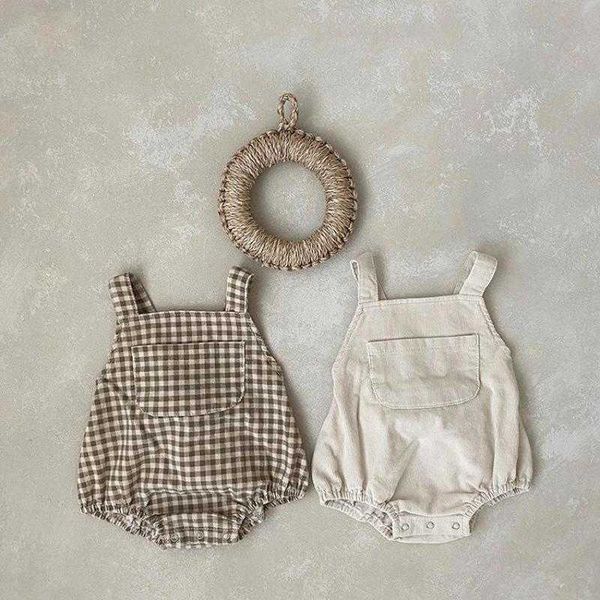 

rompers newborn baby boy simple allmatch sleeveless jumpsuit kid girl fashion plaid corduroy sling bodysuit one piece infant outfits j220922, Blue