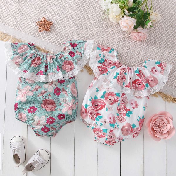 

rompers baby clothes 2022 summer new fashion baby toddler girls clothes flower print sleeveless ruffles lace romper jumpsuit j220922, Blue