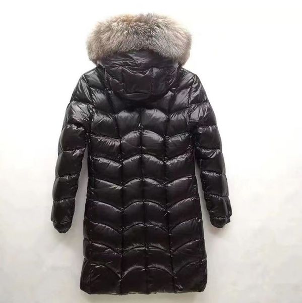 

designer womens down parkas hooded fox fur collar mid length casual fashion embroidered badge thick winter warm coat, Black