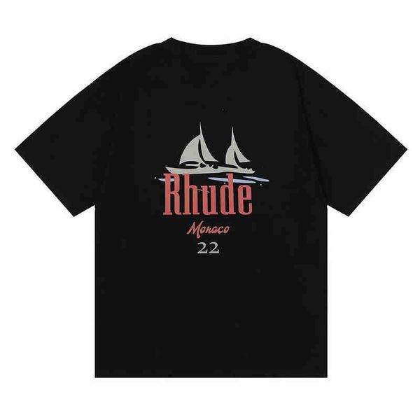 

rh limited rhude high street t shirt oversize wash loose short sleeve letter sailboat print vintage men's and women's, White;black