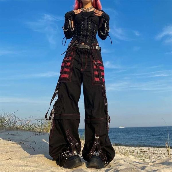 

women's pants capris oversize low rise trousers 90s baggy cargo streetwear wide leg punk gothic style y2k chain 220923, Black;white