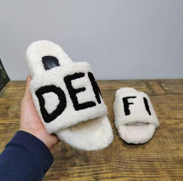 

superior quality luxury designer men women slippers ladies wool slides winter fur fluffy furry warm letters sandals comfortable fuzzy girl f, Black