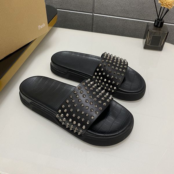 

slippers man designers spike slippers flat spikes slide sandal mens thick rubber sole slipper studs slides platform mules summer house casua, Black