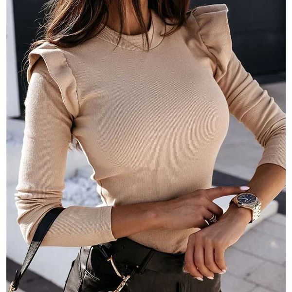

women's t-shirt solid women t-shirts buttons long sleeve o-neck slim basic shirts tees office lady tshirts spring ruffles ropa mujer g, White
