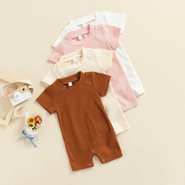

rompers baby boy girl summer clothes baby jumpsuit short sleeves round neck solid color ribbed romper cotton clothes j220922, Blue