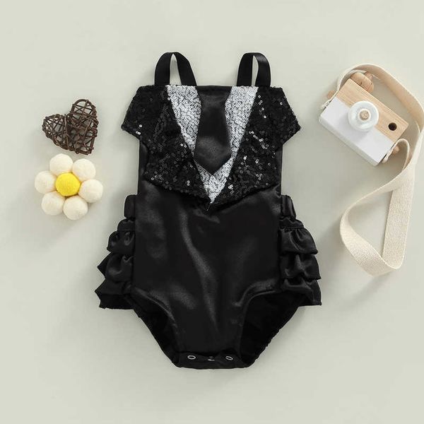 

rompers new baby girls summer romper sequin fake tie patchwork ruffle romper dress straps sleeveless sweet fashion jumpsuit j220922, Blue
