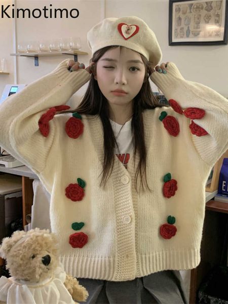 

women's sweaters kimotimo women three dimensional flower sweater vest 2022 new long sleeves knitted jacket french kawaii heavy industry, White;black