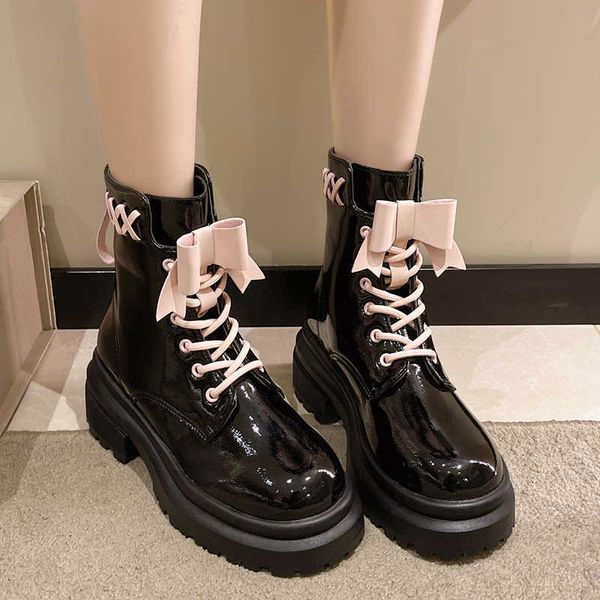 

boots street style pink bowknot motorcycle women cross strap platform ankle 2022 autumn winter patent leather shoes woman y2209, Black