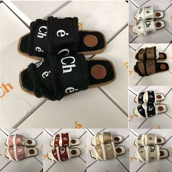 

luxury designer women slippers ladies wool slides winter fur fluffy furry warm letters comfortable fuzzy girl flip flop slipper sandal beach, Black