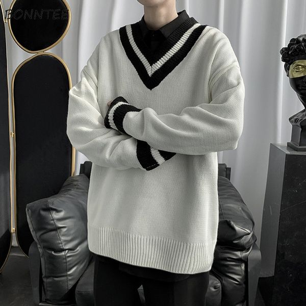 

men's sweaters men v neck pullovers long sleeve couple loose casual all match knitted clothes spring autumn preppy spliced jumper male, White;black