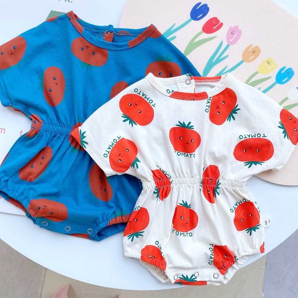 

rompers 2022 baby summer clothes beautiful tomato print casual jumpsuits round collar elastic cotton short sleeve bodysuit baby outfit j2209, Blue