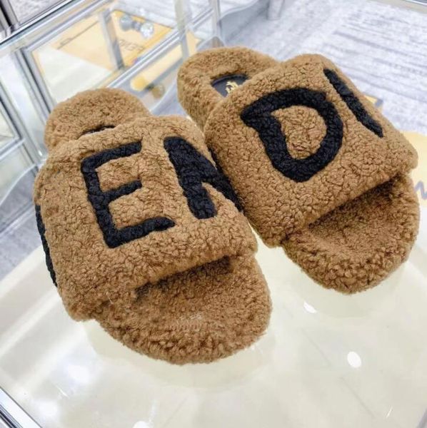 

2022 new designers winter luxurys women wool slippers fur fluffy furry warm letters sandals comfortable logo embroidery flip flop soft fluff, Black