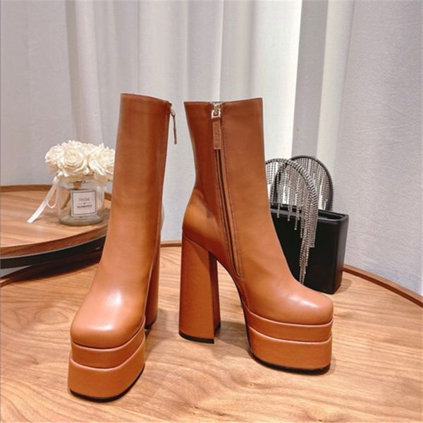 

super high heel leather square toe ankle boots chunky heel platform fashion women booties, Black